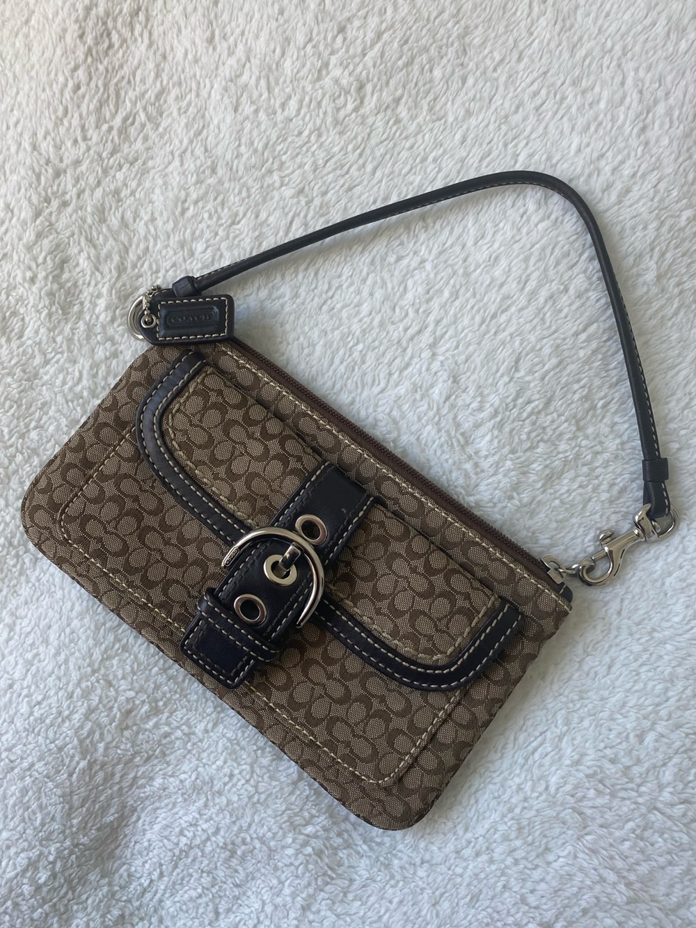 Coach Brown Signature Canvas Wristlet with Black Leather Trim